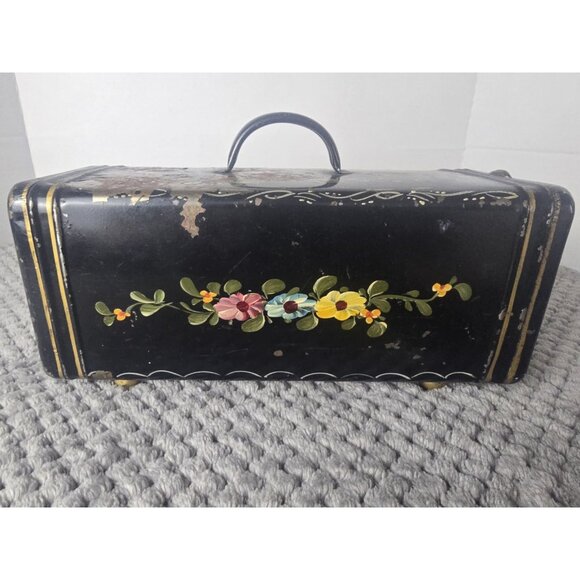 Vintage Toleware Black Metal Box Hand Painted Floral Sewing Vanity Tin Rustic - Picture 4 of 10